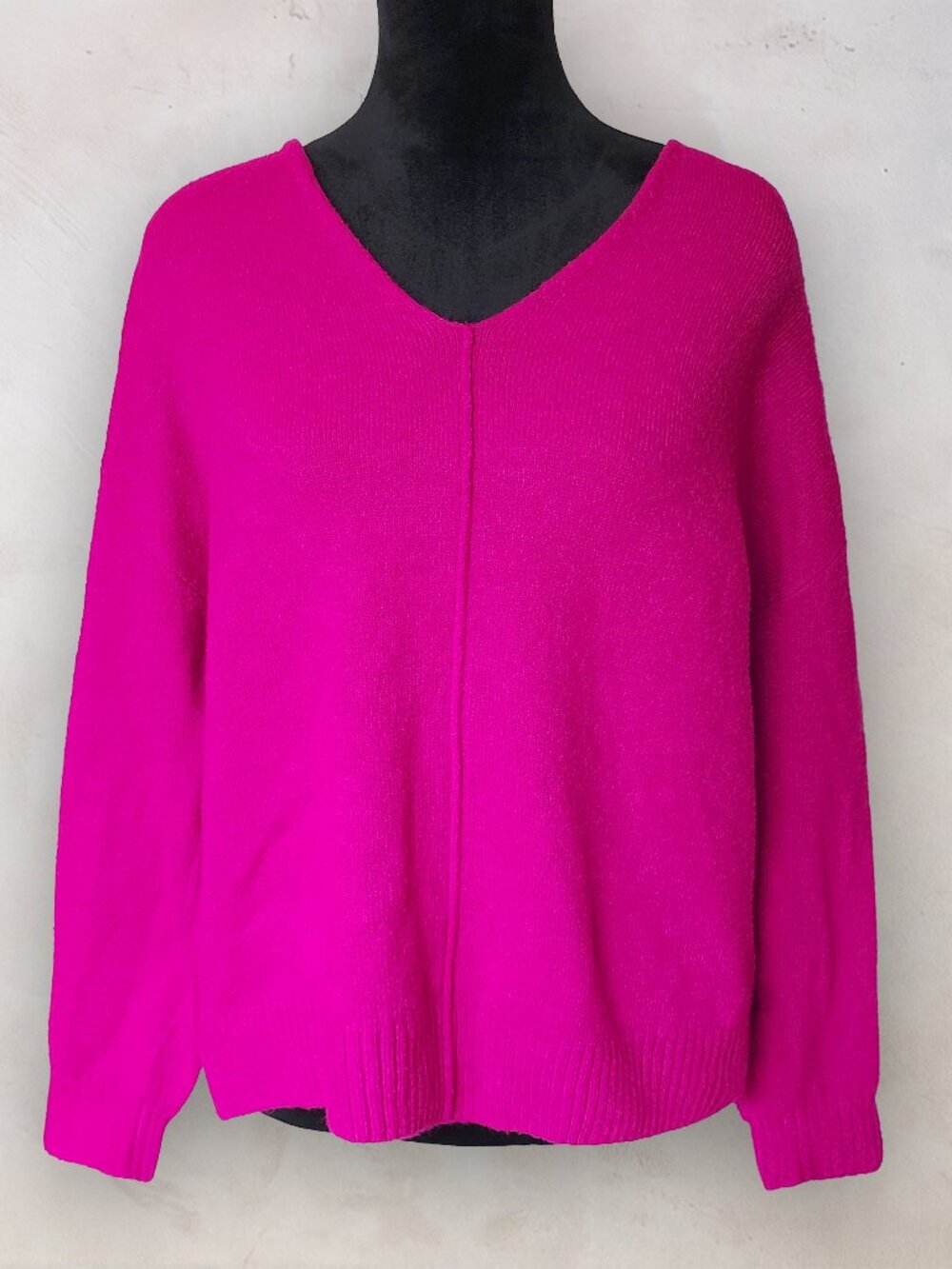 Vince Camuto Hot Pink V-Neck Knit Pullover Sweater Drop Shoulder